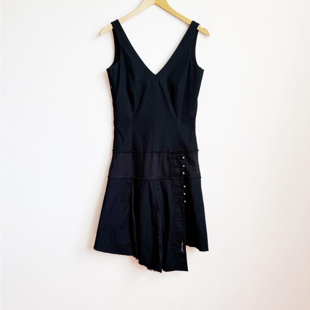 Asymmetric Drop Waist Sleeveless Black Cotton Knee Length Dress